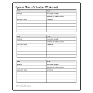 Youth Squad® Special Needs Volunteer Worksheet