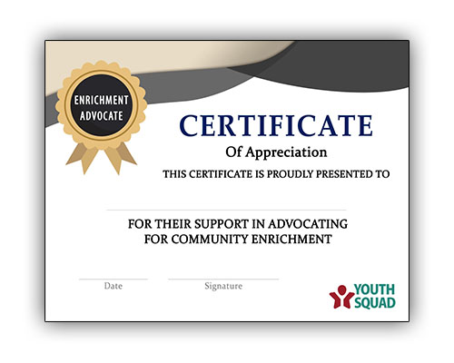 Thank You Certificates for Volunteers and Supporters - Youth Squad